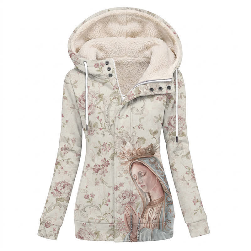 Christianartworkshop Vintage Virgin Mary Icon Rose Hooded Fleece Lined Winter Jacket Coat - US16,UK/AU20,EU48(4XL) - image 0