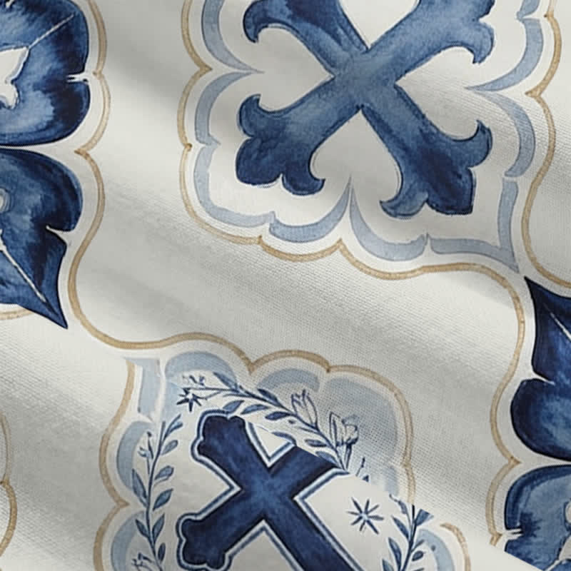 Christianartworkshop Blue-Toned Tile-Styled Cross Hooded Fleece Winter Jacket Coat - image 6