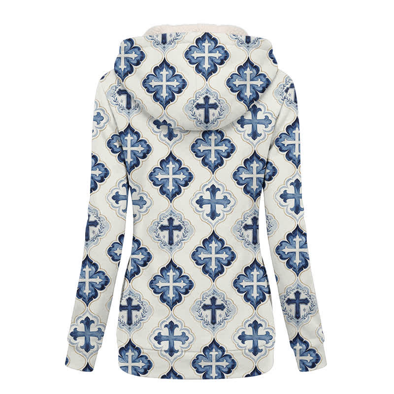 Christianartworkshop Blue-Toned Tile-Styled Cross Hooded Fleece Winter Jacket Coat - image 1