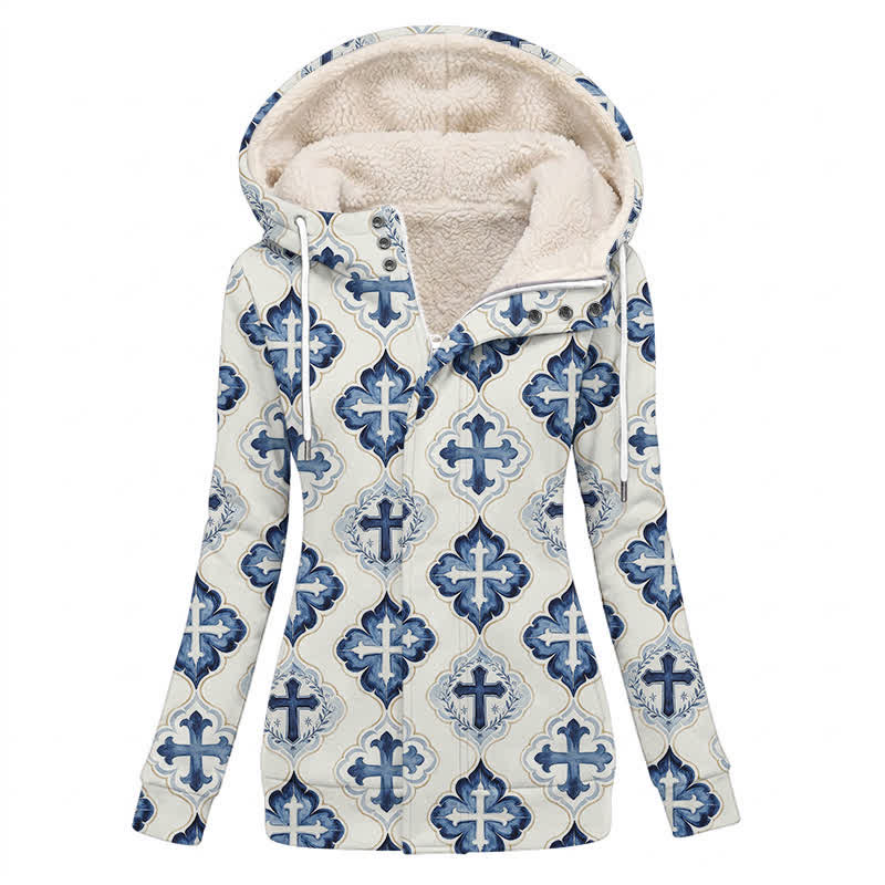 Christianartworkshop Blue-Toned Tile-Styled Cross Hooded Fleece Winter Jacket Coat - US16,UK/AU20,EU48(4XL) - image 0