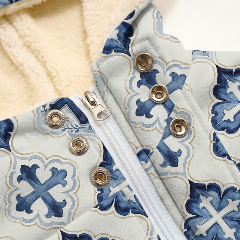 Christianartworkshop Blue-Toned Tile-Styled Cross Hooded Fleece Winter Jacket Coat - image 5
