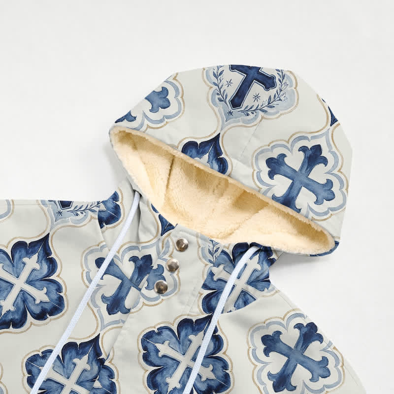 Christianartworkshop Blue-Toned Tile-Styled Cross Hooded Fleece Winter Jacket Coat - image 4