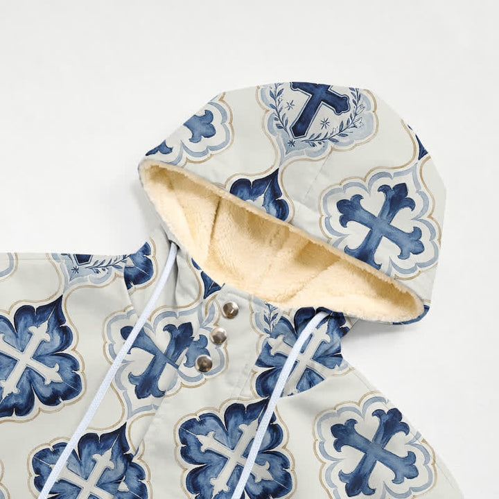 Christianartworkshop Blue-Toned Tile-Styled Cross Hooded Fleece Winter Jacket Coat - image 4