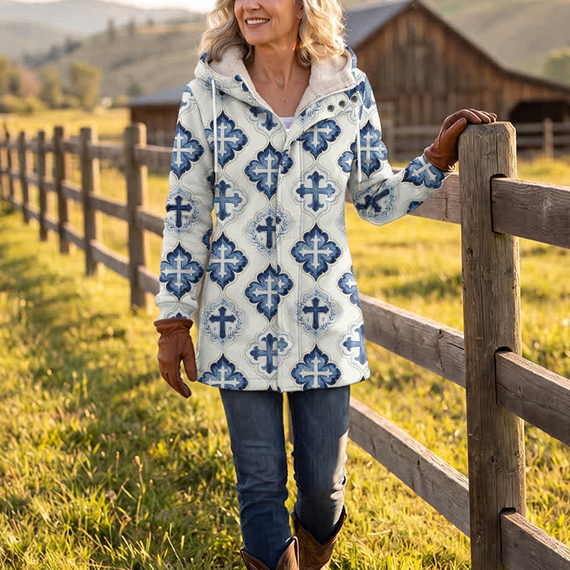 Christianartworkshop Blue-Toned Tile-Styled Cross Hooded Fleece Winter Jacket Coat - image 2