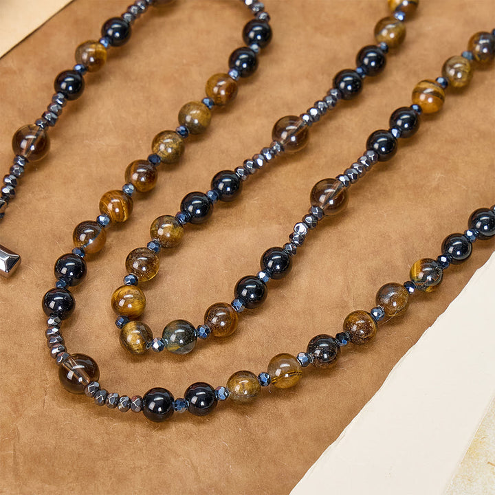 Christianartworkshop Natural Obsidian Tiger's Eye Rosary Necklace - Hematite Stone Cross Protection Rosary - image 3