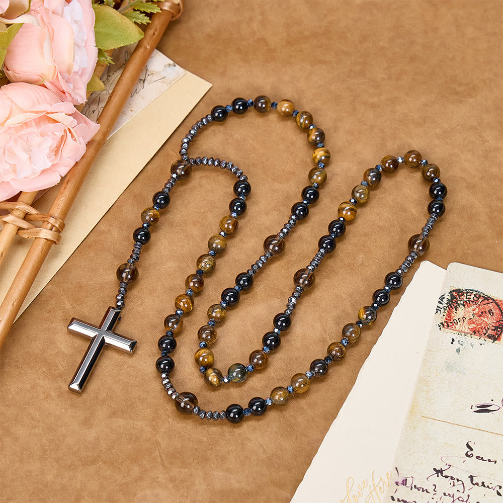 FREE Today: Natural Obsidian Tiger's Eye Rosary Necklace - Hematite Stone Cross Protection Rosary - Natural Obsidian Tiger's Eye Rosary Necklace - image 0