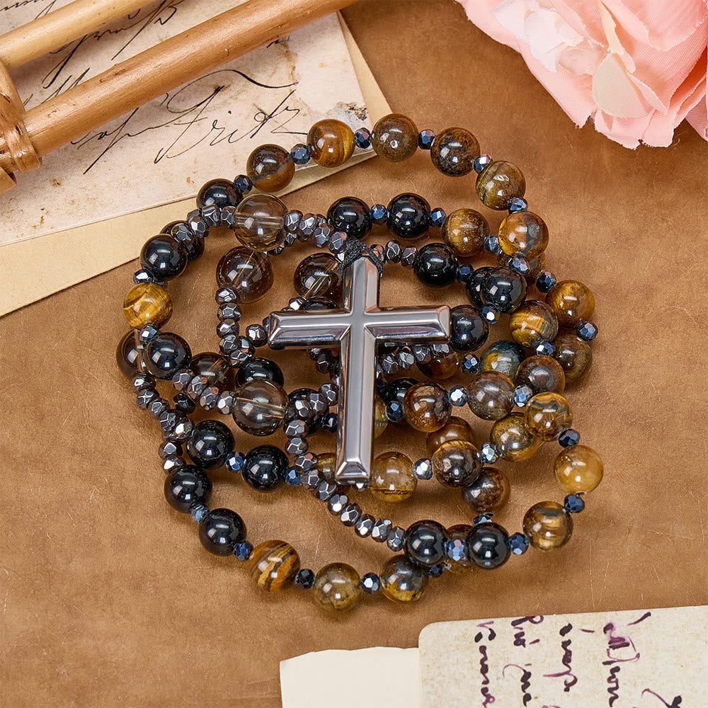 FREE Today: Natural Obsidian Tiger's Eye Rosary Necklace - Hematite Stone Cross Protection Rosary - image 1
