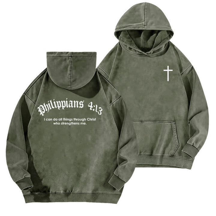 Christianartworkshop Philippians 4:13 Gothic Back Print Cross Washed Hoodie - Army Green - 5XL - image 9
