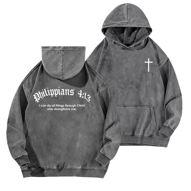 Christianartworkshop Philippians 4:13 Gothic Back Print Cross Washed Hoodie - Grey - 5XL - image 6