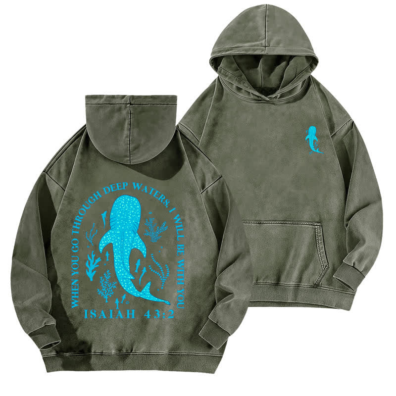 Christianartworkshop Deep Waters Isaiah 43:2 Whale Shark Washed Hoodie - Army Green - 5XL - image 12