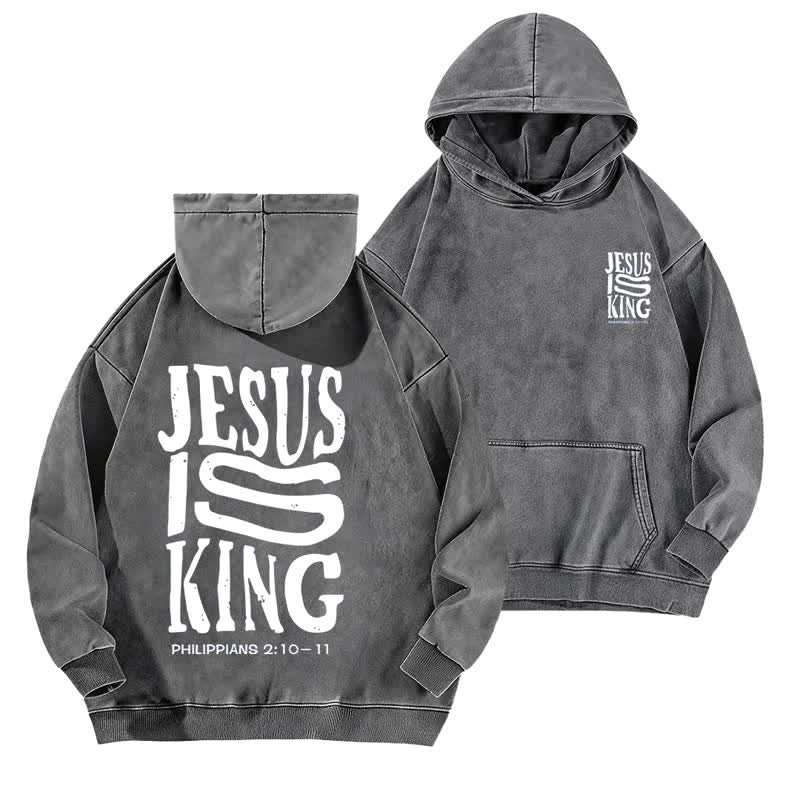 Christianartworkshop Jesus Is King Front And Back Print Washed Hoodie - Grey - 5XL - image 6