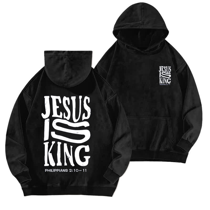 Christianartworkshop Jesus Is King Front And Back Print Washed Hoodie - Black - 5XL - image 3