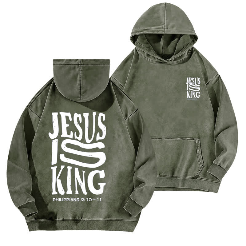 Christianartworkshop Jesus Is King Front And Back Print Washed Hoodie - Army Green - 5XL - image 0
