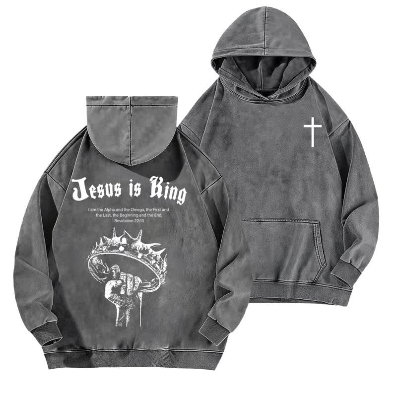 Christianartworkshop Jesus Is King Crown Of Thorns Washed Hoodie - Grey - 5XL - image 6