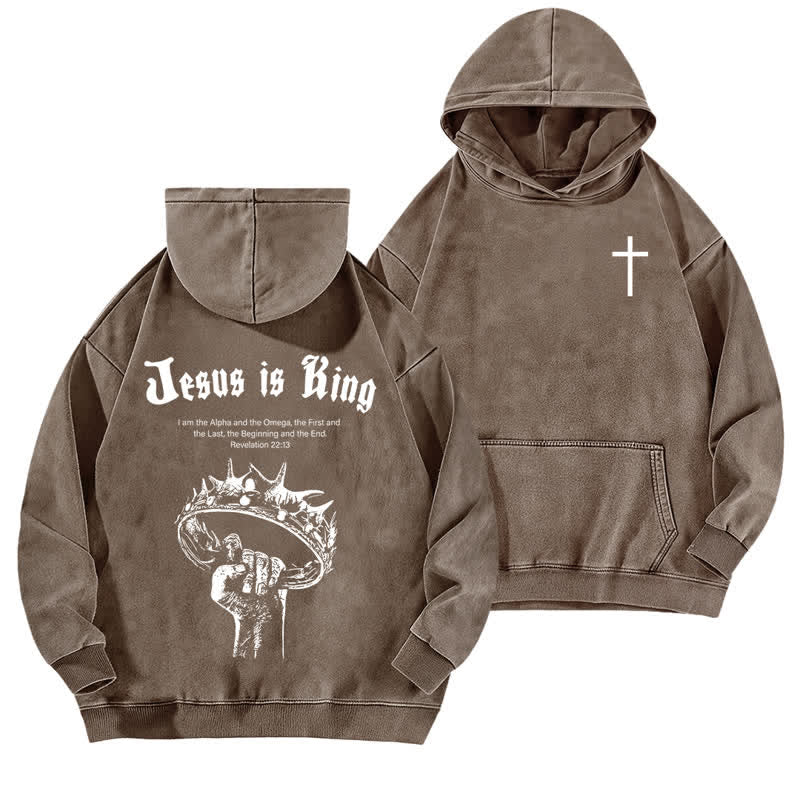 Christianartworkshop Jesus Is King Crown Of Thorns Washed Hoodie - Brown - 5XL - image 12