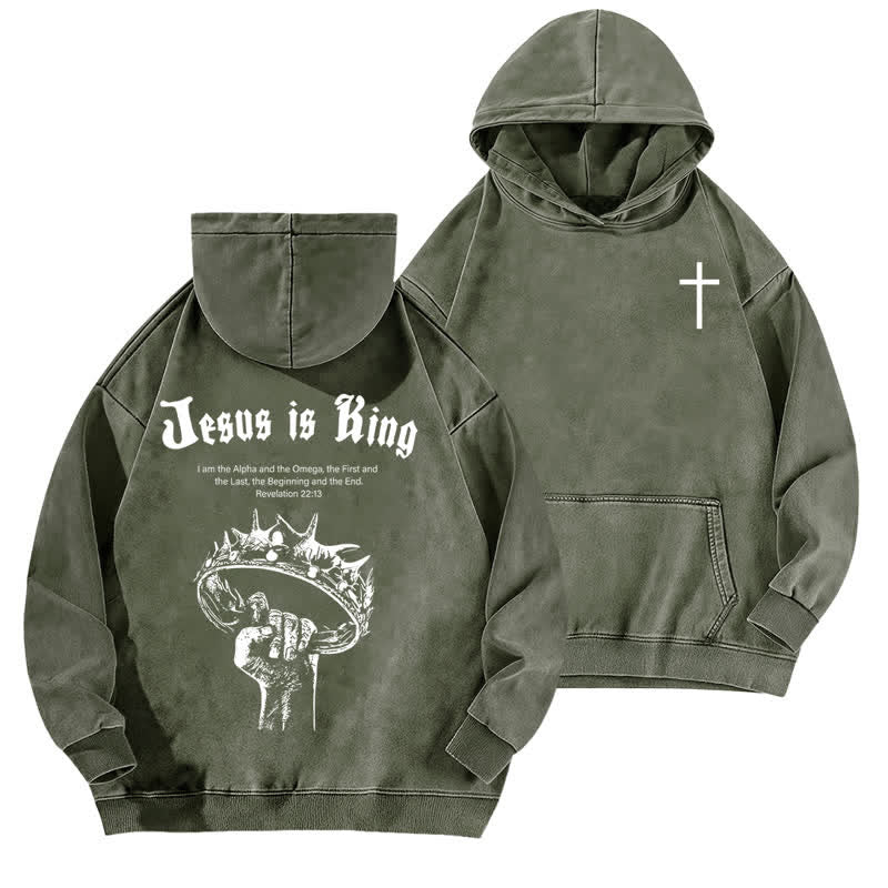 Christianartworkshop Jesus Is King Crown Of Thorns Washed Hoodie - Army Green - 5XL - image 9