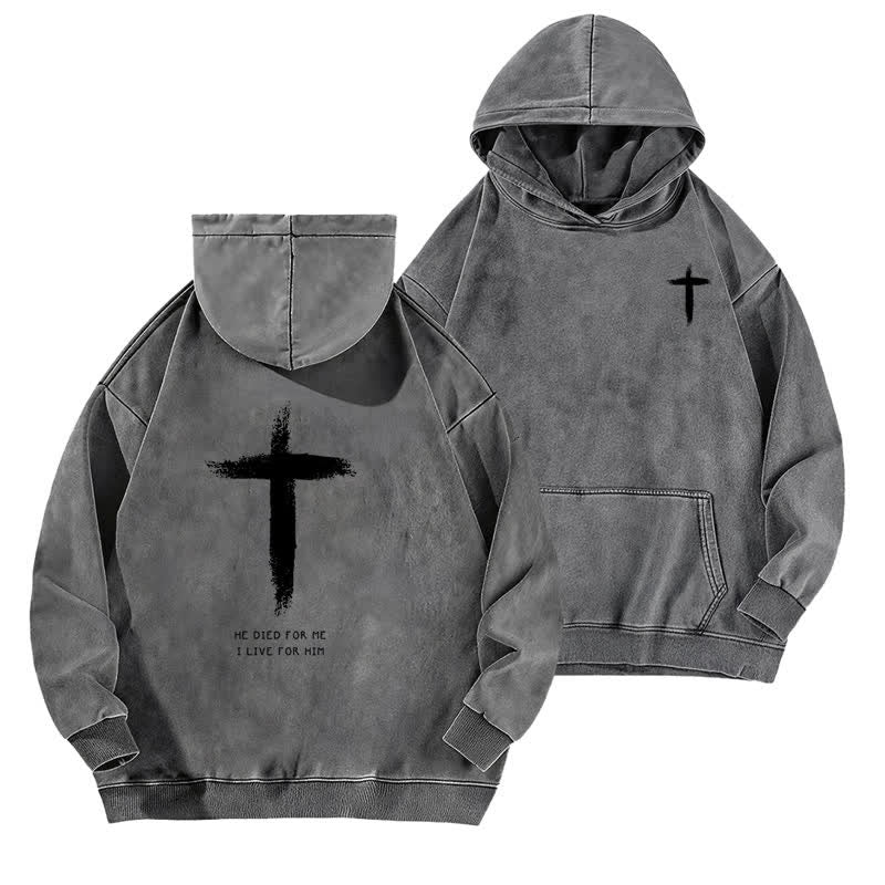 Christianartworkshop He Died For Me Cross Back Print Washed Hoodie - Grey - 5XL - image 6