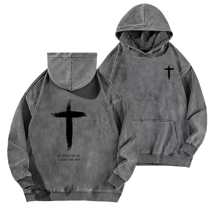 Christianartworkshop He Died For Me Cross Back Print Washed Hoodie - Grey - 5XL - image 6