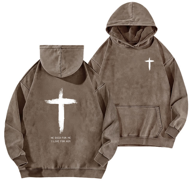 Christianartworkshop He Died For Me Cross Back Print Washed Hoodie - Brown - 5XL - image 9