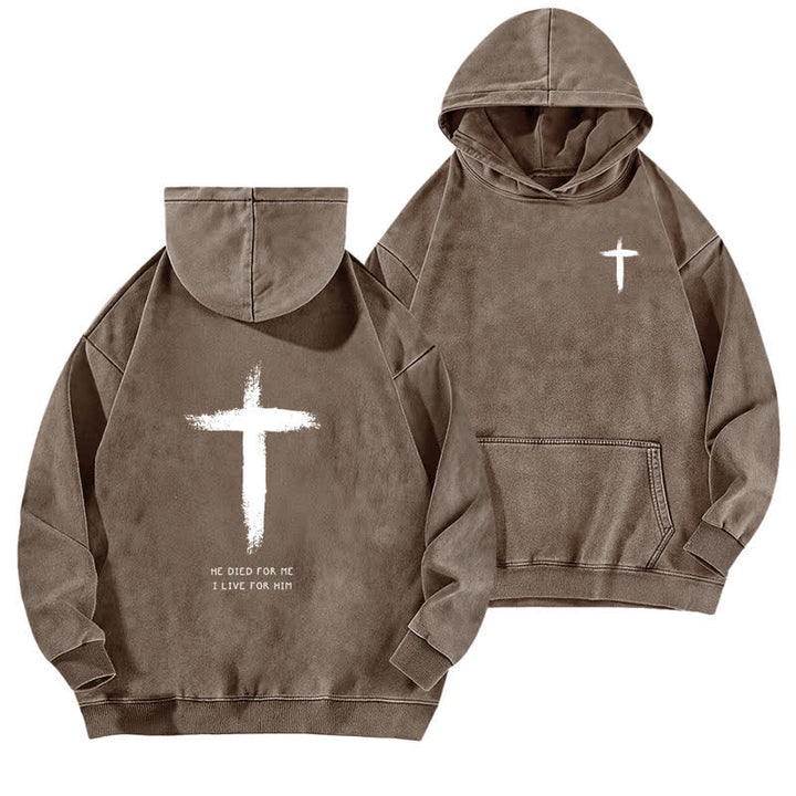 Christianartworkshop He Died For Me Cross Back Print Washed Hoodie - Brown - 5XL - image 9
