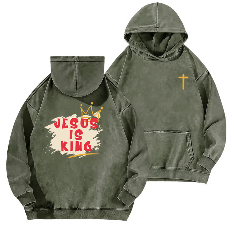 Christianartworkshop Jesus Is King Crown Back Print Washed Hoodie - Army Green - 5XL - image 6