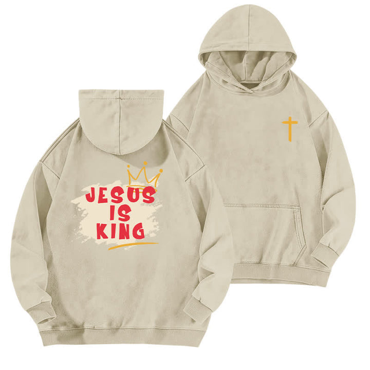 Christianartworkshop Jesus Is King Crown Back Print Washed Hoodie - Apricot - 5XL - image 3