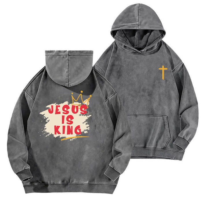 Christianartworkshop Jesus Is King Crown Back Print Washed Hoodie - Grey - 5XL - image 12
