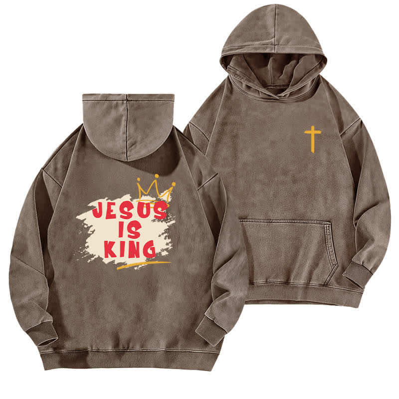 Christianartworkshop Jesus Is King Crown Back Print Washed Hoodie - Brown - 5XL - image 9