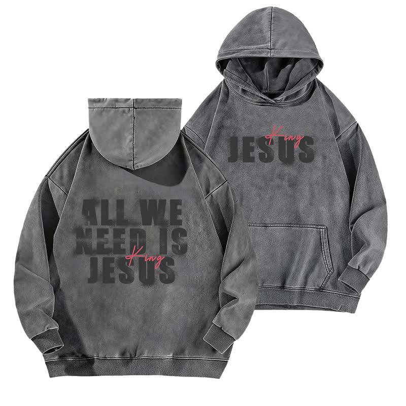 Christianartworkshop Jesus King Front And Back Print Washed Hoodie - Grey - 5XL - image 6