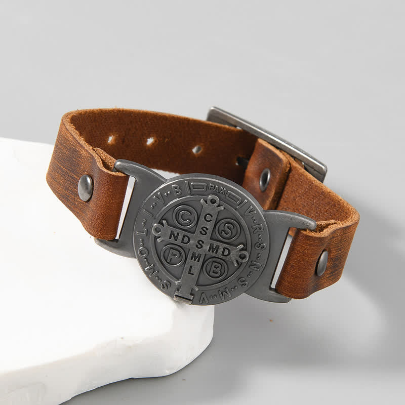 Christianartworkshop Robust Cowhide St. Benedict Medallion Bracelet: Sign of Unfailing Care - Brown - image 3