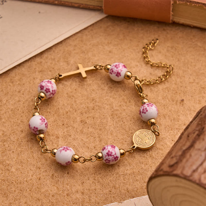 Christianartworkshop Sacred St. Benedict Cross Charm Bracelet: Symbol of Warm Spiritual Guidance - Pink - image 2