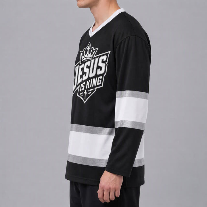 Christianartworkshop Jesus Is King Black Streetwear Hockey Jersey - image 5