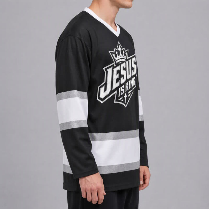 Christianartworkshop Jesus Is King Black Streetwear Hockey Jersey - image 6