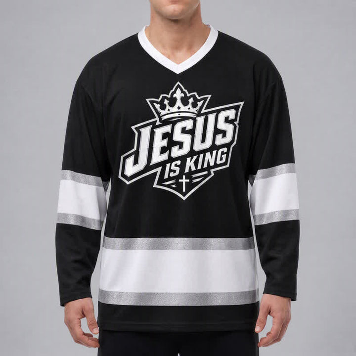 Christianartworkshop Jesus Is King Black Streetwear Hockey Jersey - image 3
