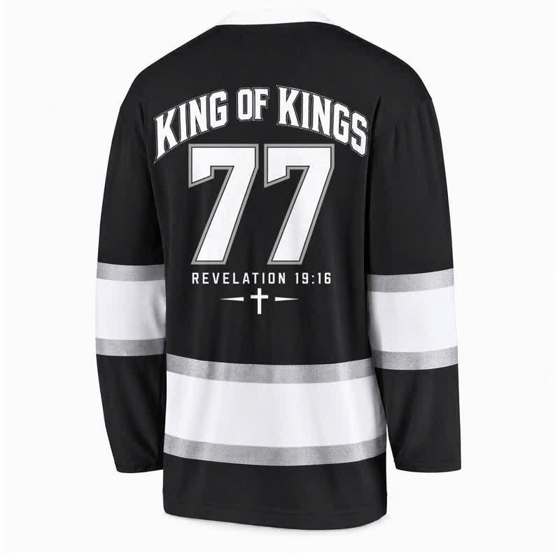 Christianartworkshop Jesus Is King Black Streetwear Hockey Jersey - image 2