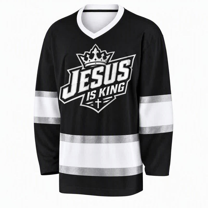 Christianartworkshop Jesus Is King Black Streetwear Hockey Jersey - image 1