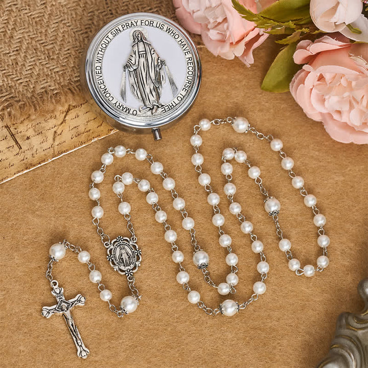 Christianartworkshop Ornate Alloy & Pearl Our Lady Rosary Storage Kit: Sign of Steadfast Celestial Shelter - White - image 9