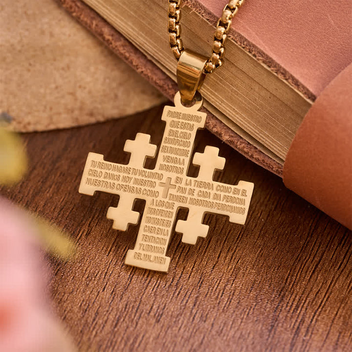Christianartworkshop Modern Style Two-color Lord's Prayer in Spanish Jerusalem Cross Necklace: Faith For Every Moment - Golden(Spanish Prayer) - image 0