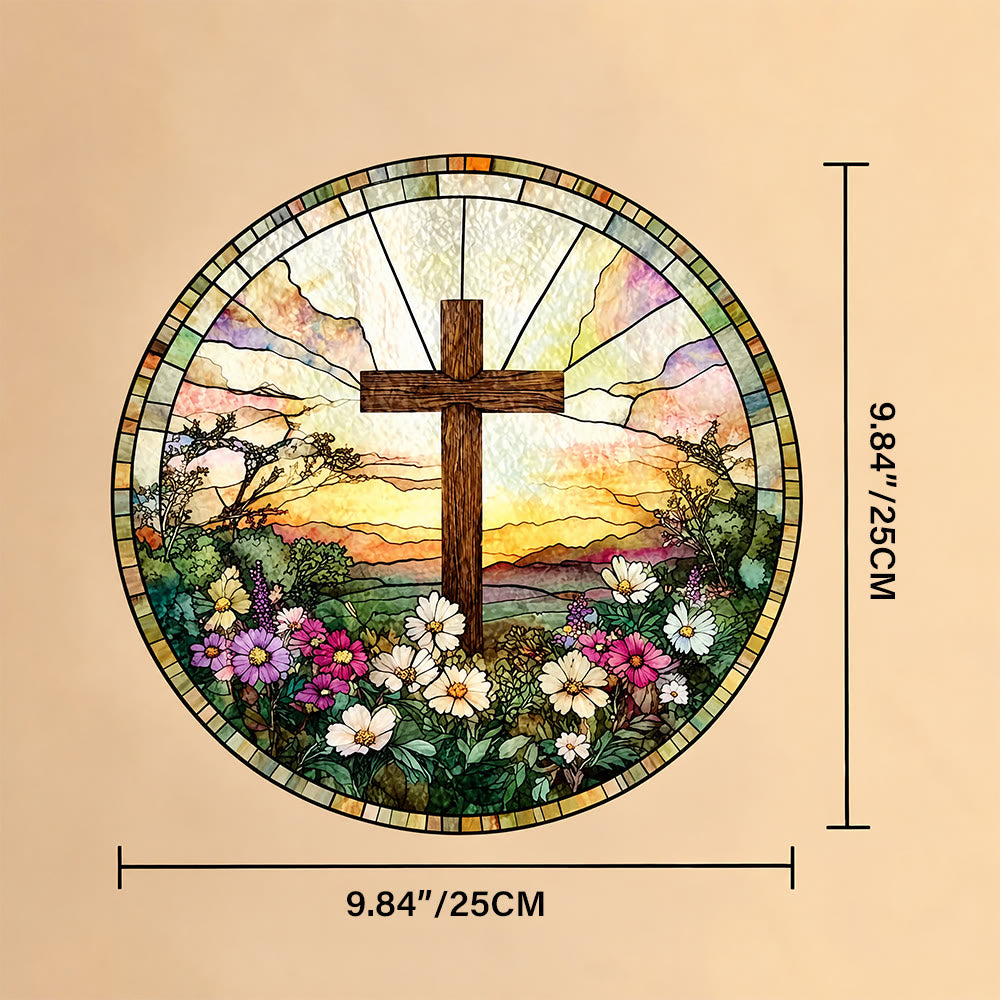 Christianartworkshop Round Stained Glass Cross Sunset Floral Suncatcher Window Hanging: A Symbol of Divine Warmth & Blessing - 9.84''*9.84''/25*25cm - image 8