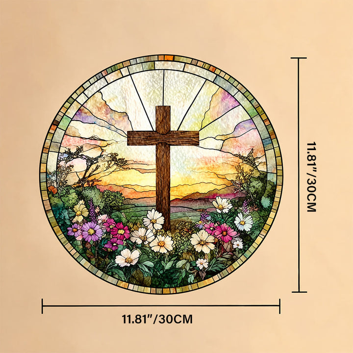 Christianartworkshop Round Stained Glass Cross Sunset Floral Suncatcher Window Hanging: A Symbol of Divine Warmth & Blessing - 11.81''*11.81''/30*30cm - image 9