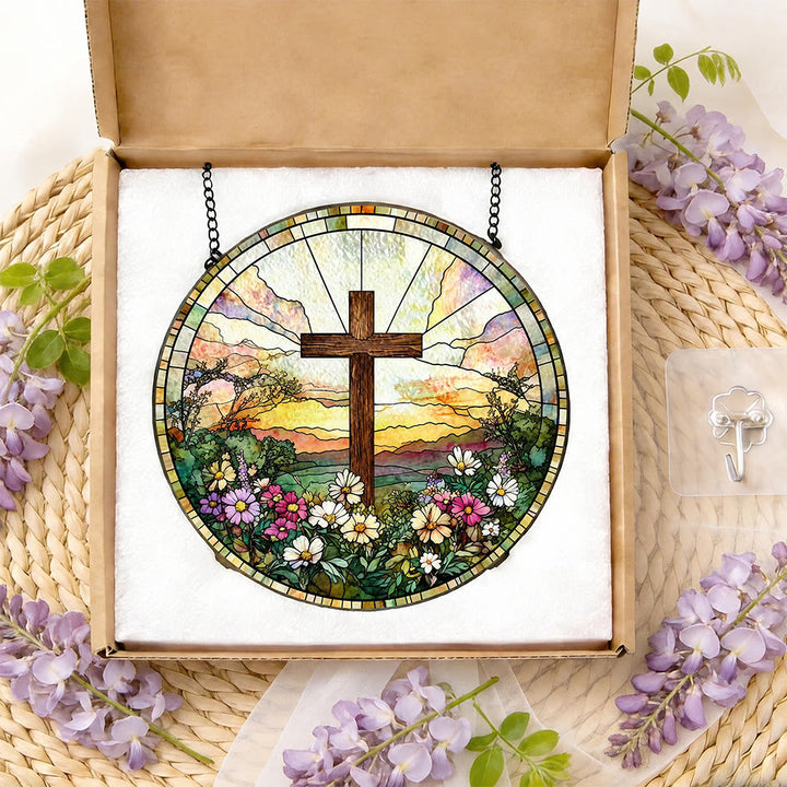Christianartworkshop Round Stained Glass Cross Sunset Floral Suncatcher Window Hanging: A Symbol of Divine Warmth & Blessing - image 10