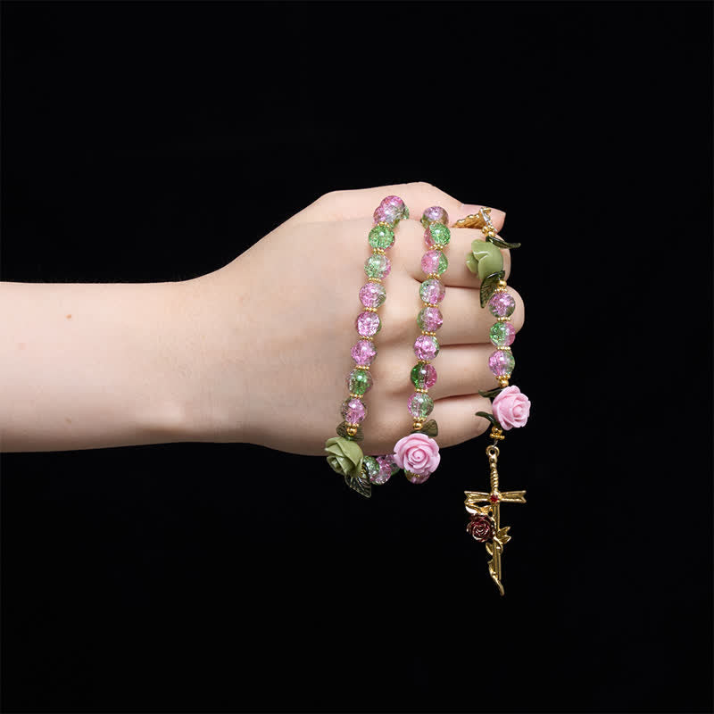 FREE Today: Pink & Green Crackle Faceted Glass Bead Rose Floral Our Lady Cross Rosary - image 1