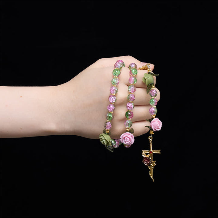 FREE Today: Pink & Green Crackle Faceted Glass Bead Rose Floral Our Lady Cross Rosary - image 1