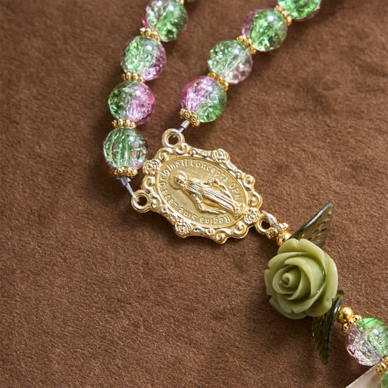 FREE Today: Pink & Green Crackle Faceted Glass Bead Rose Floral Our Lady Cross Rosary - image 4