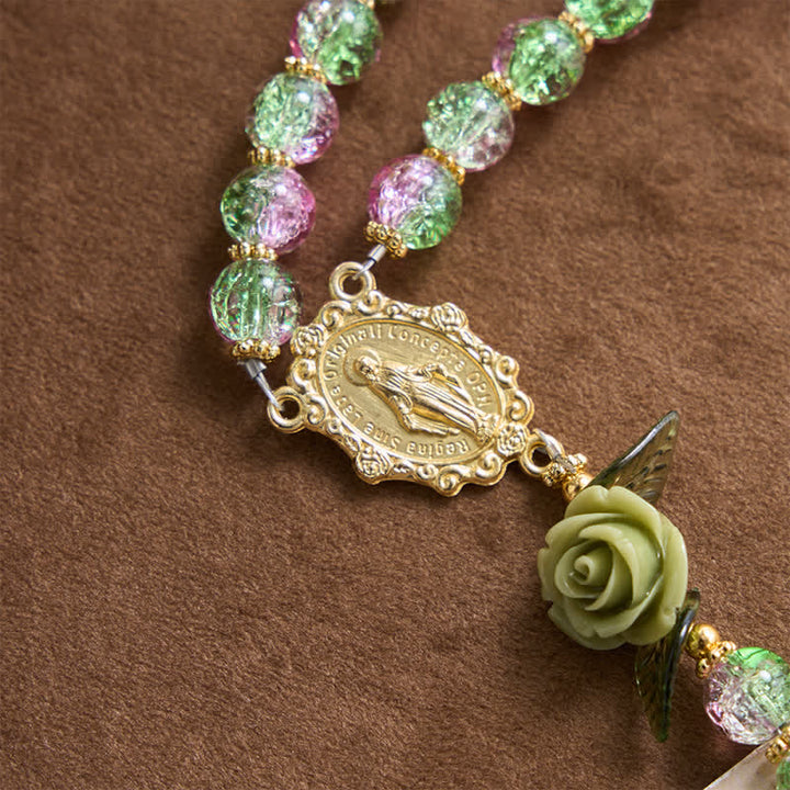 FREE Today: Pink & Green Crackle Faceted Glass Bead Rose Floral Our Lady Cross Rosary - image 4