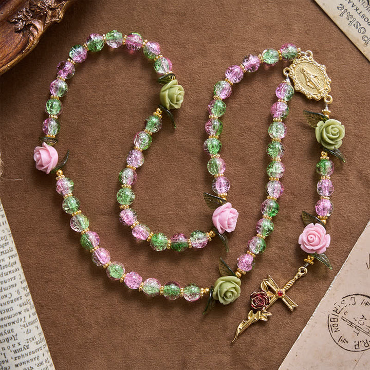 FREE Today: Pink & Green Crackle Faceted Glass Bead Rose Floral Our Lady Cross Rosary - image 7