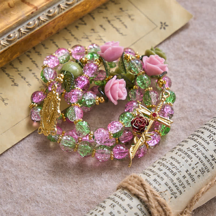 Christianartworkshop Pink & Green Crackle Faceted Glass Bead Rose Floral Our Lady Cross Rosary - Pink & Green Beads Rosary - image 2