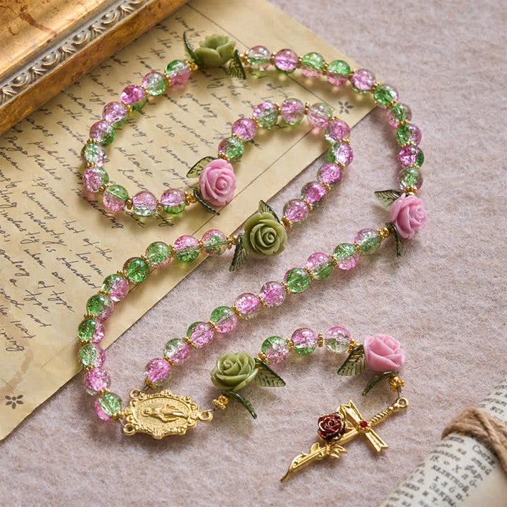 Christianartworkshop Pink & Green Crackle Faceted Glass Bead Rose Floral Our Lady Cross Rosary - image 7