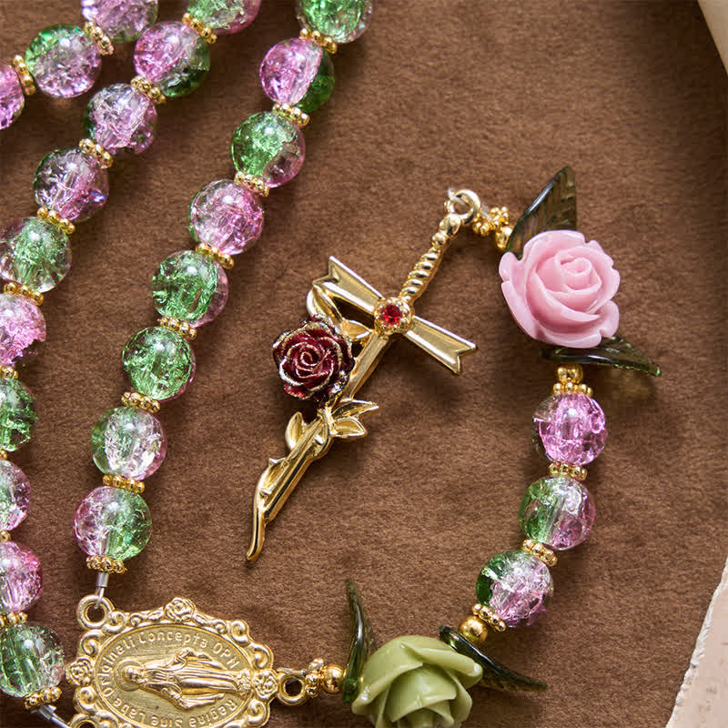 Christianartworkshop Pink & Green Crackle Faceted Glass Bead Rose Floral Our Lady Cross Rosary - image 5