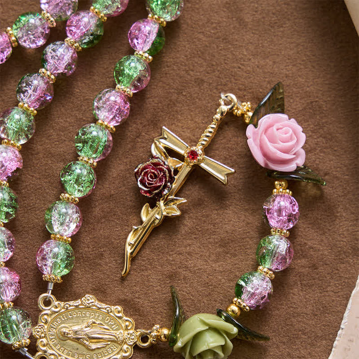 Christianartworkshop Pink & Green Crackle Faceted Glass Bead Rose Floral Our Lady Cross Rosary - image 5